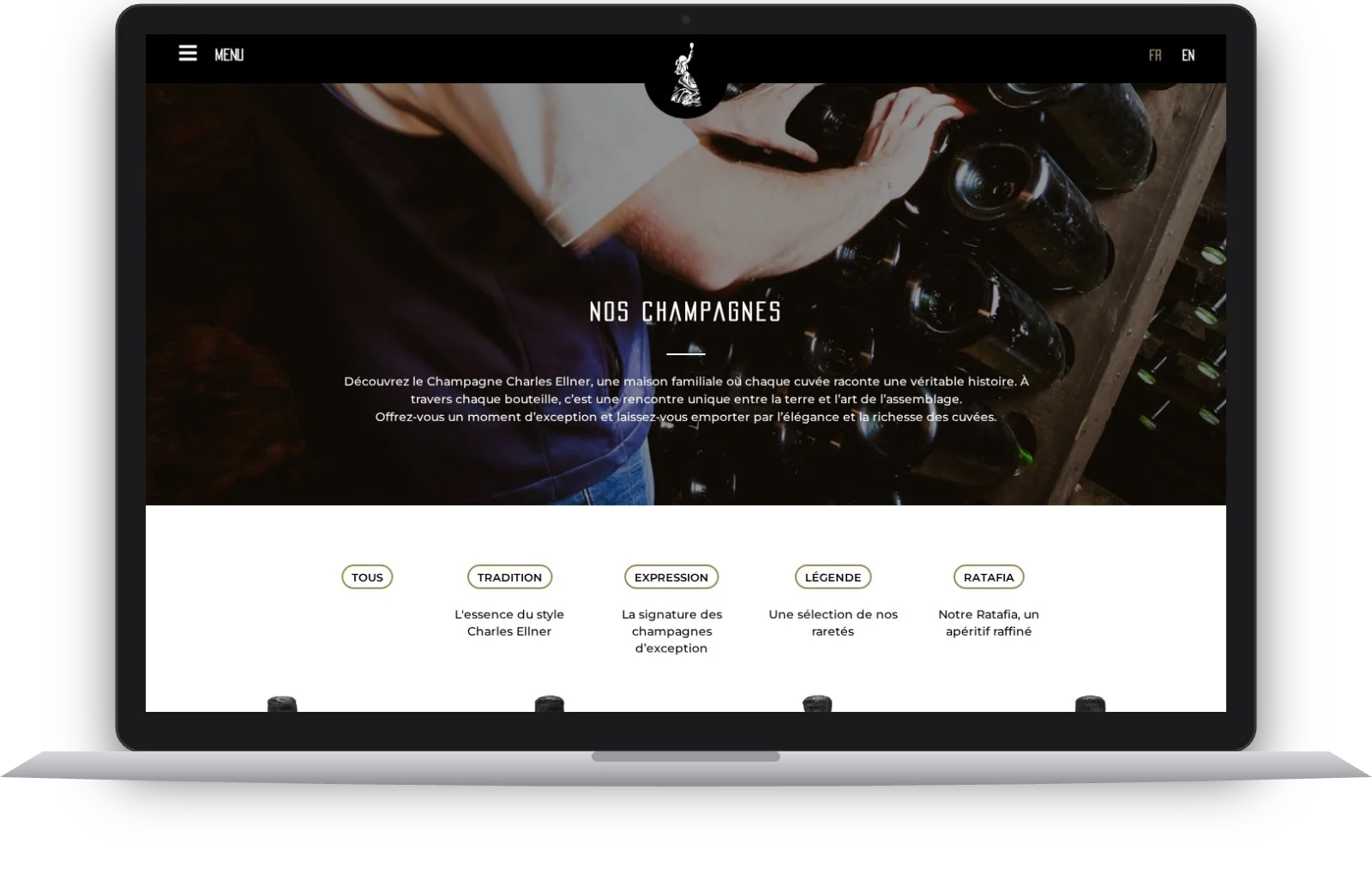 Page des cuvées de la boutique en ligne Champagne Charles Ellner sur un ordinateur portable