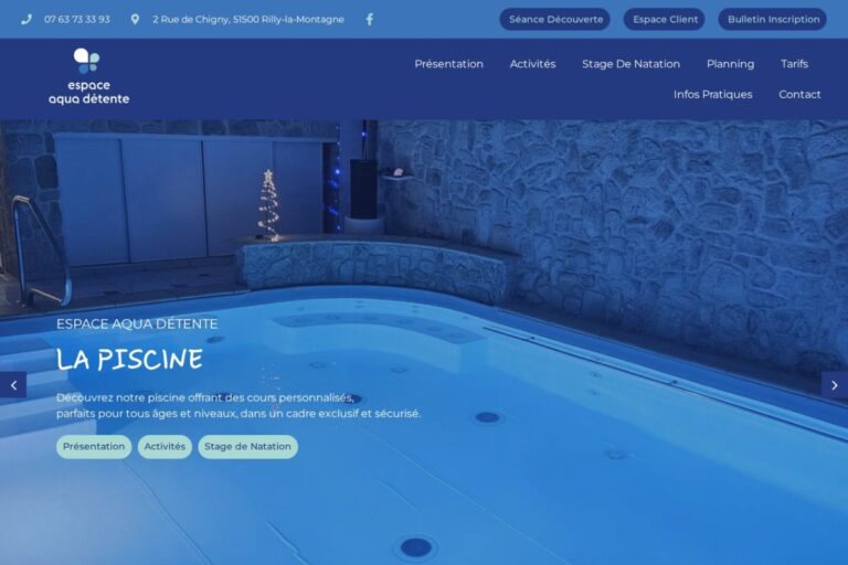 Page d'accueil du site Aqua Détente réalisé par l'Agence Arbane