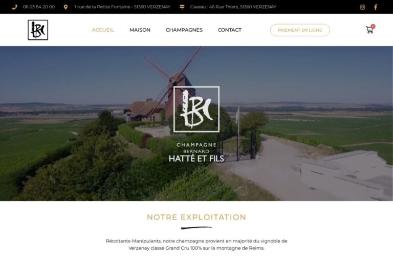Page d'accueil du site internet Champagne Bernard Hatté réalisé par l'Agence Arbane