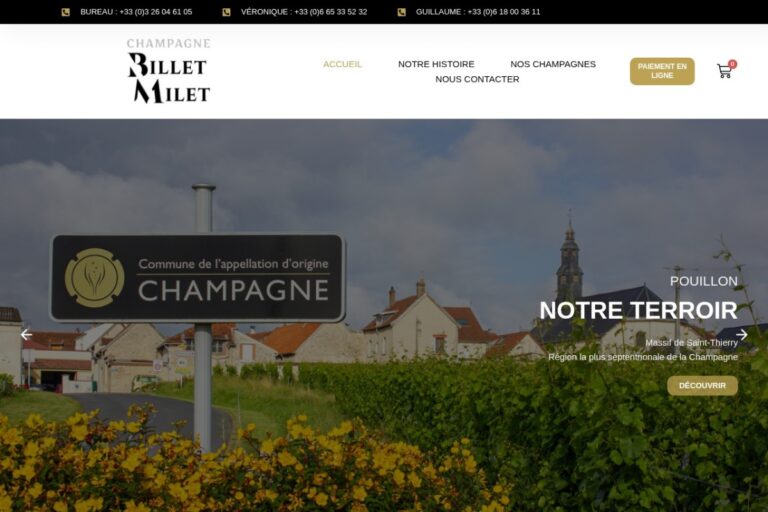 Page d'accueil du site Champagne Billet-Milet réalisé par l'Agence Arbane