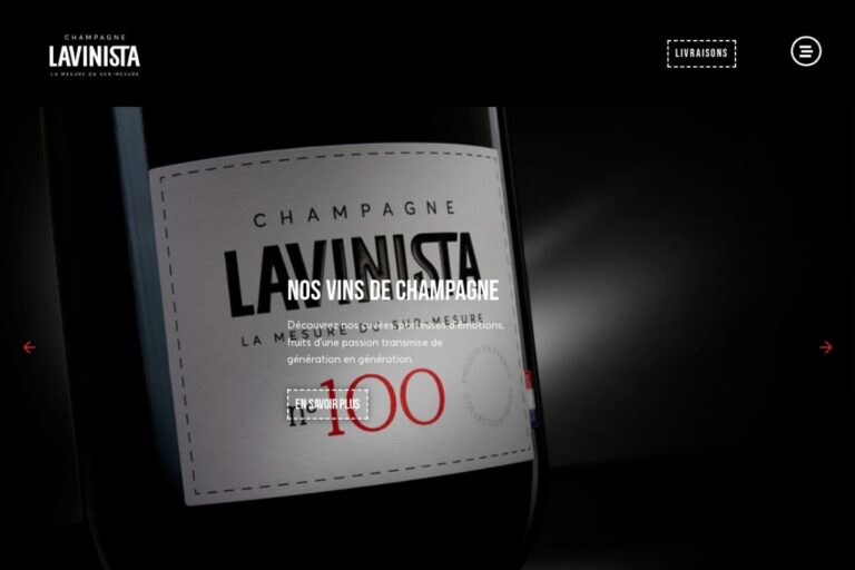 Page d'accueil du site Champagne Lavinista réalisé par l'Agence Arbane
