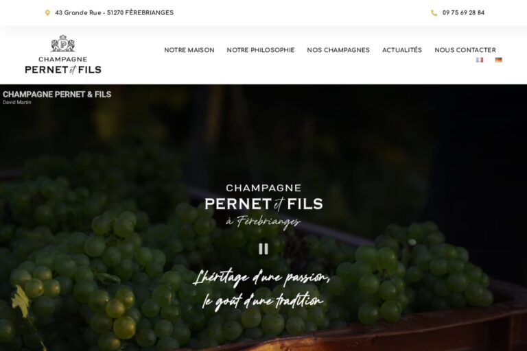 Page d'accueil du site Champagne Pernet et Fils réalisé par l'Agence Arbane