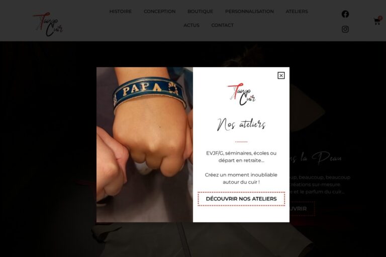 Page d'accueil du site Tango Cuir réalisé par l'Agence Arbane